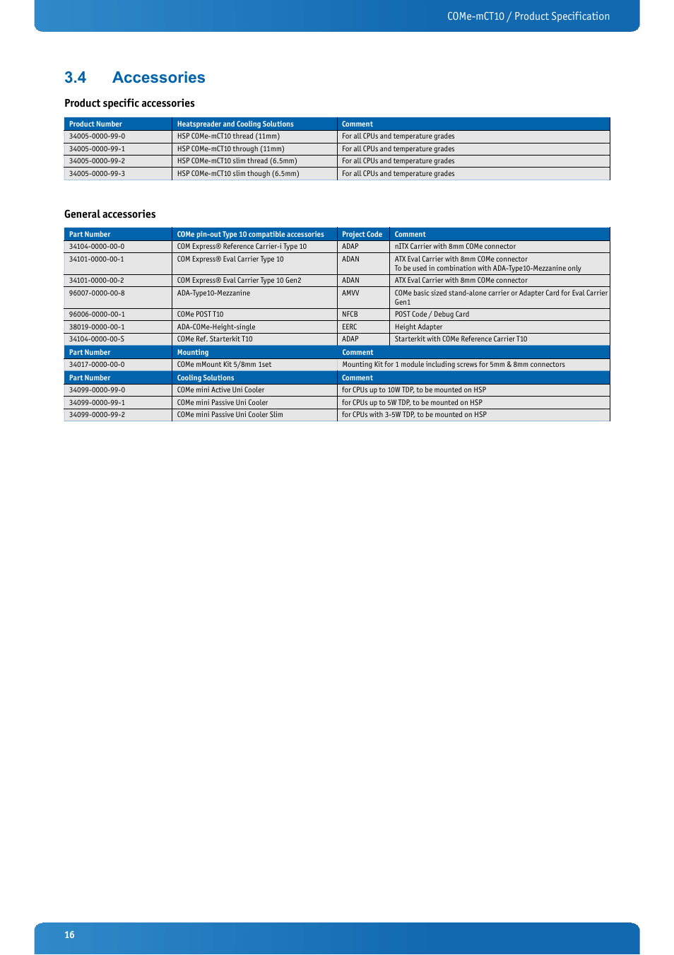 4 accessories, Accessories, Come-mct10 / product specification | Product specific accessories, General accessories | Kontron COMe-mCT10 User Manual | Page 16 / 100