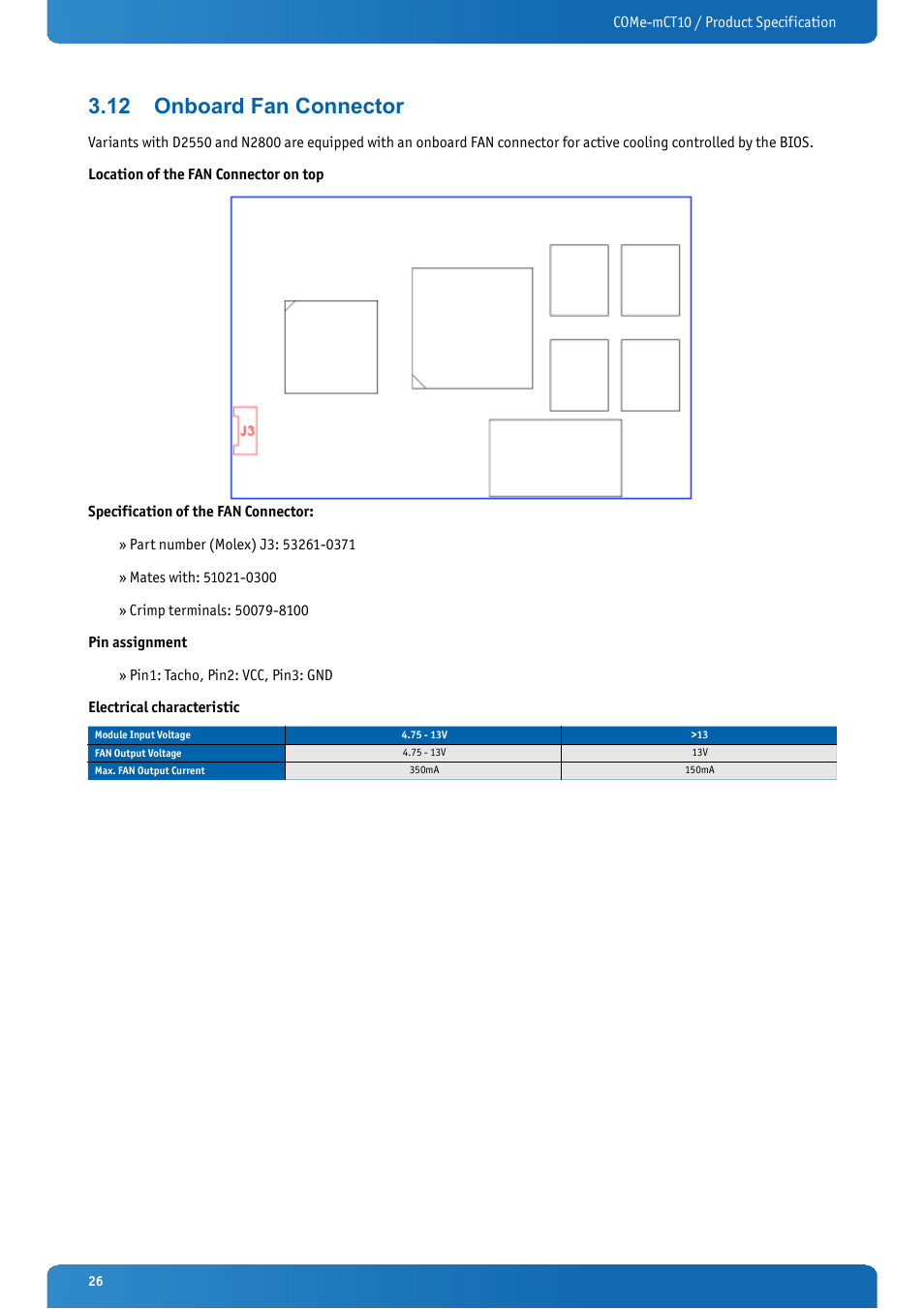 12 onboard fan connector, Onboard fan connector | Kontron COMe-mCT10 User Manual | Page 26 / 100