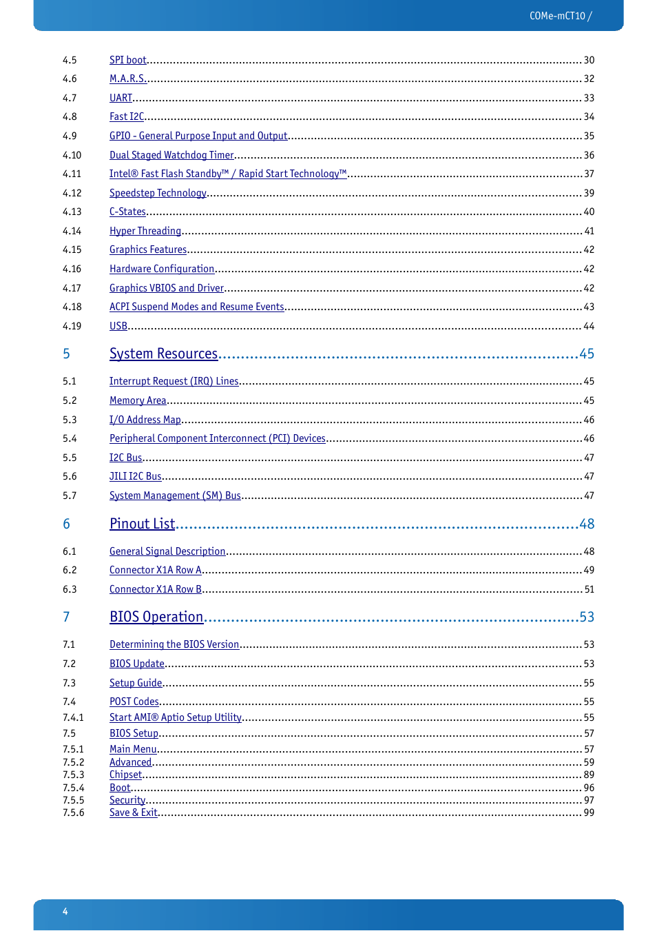 5system resources, 6pinout list, 7bios operation | Kontron COMe-mCT10 User Manual | Page 4 / 100
