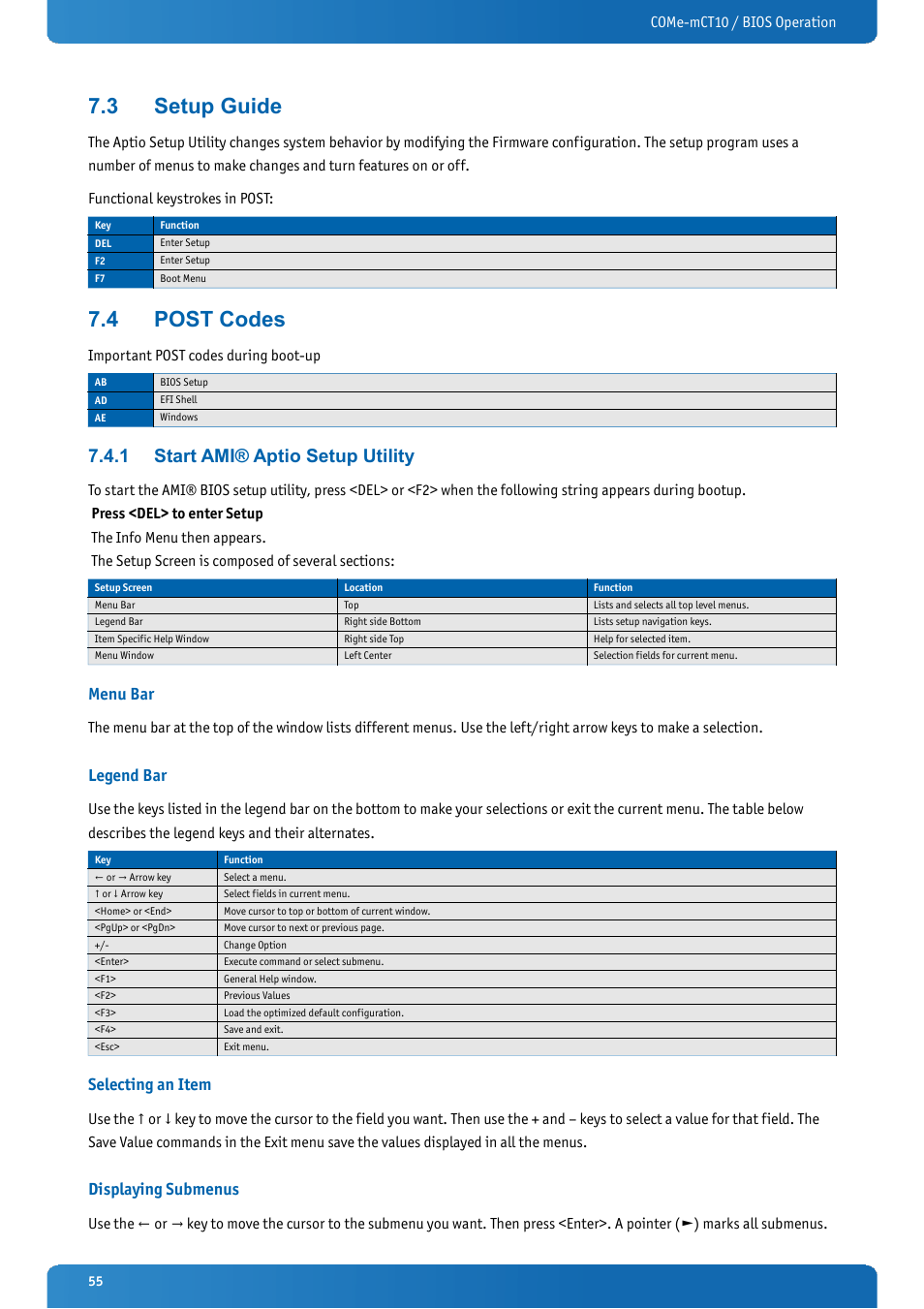 3 setup guide, 4 post codes, 1 start ami® aptio setup utility | Menu bar, Legend bar, Selecting an item, Displaying submenus, Setup guide, Post codes, Start ami® aptio setup utility | Kontron COMe-mCT10 User Manual | Page 55 / 100