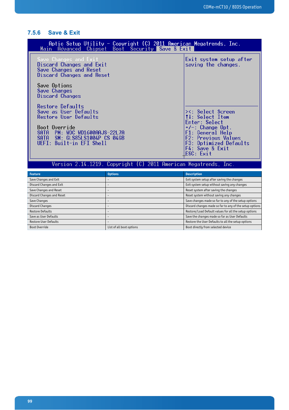 6 save & exit, Save & exit, Come-mct10 / bios operation | Kontron COMe-mCT10 User Manual | Page 99 / 100