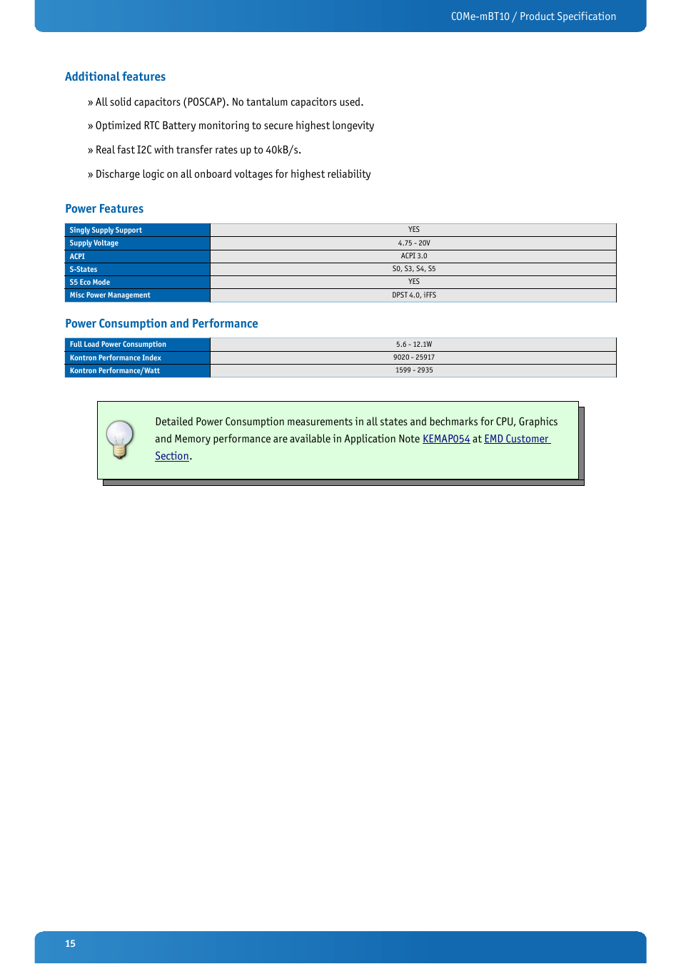 Additional features, Power features, Power consumption and performance | Kontron COMe-mBT10 User Manual | Page 15 / 87