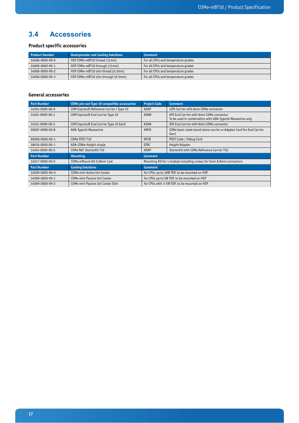 4 accessories, Accessories, Come-mbt10 / product specification | Product specific accessories, General accessories | Kontron COMe-mBT10 User Manual | Page 17 / 87