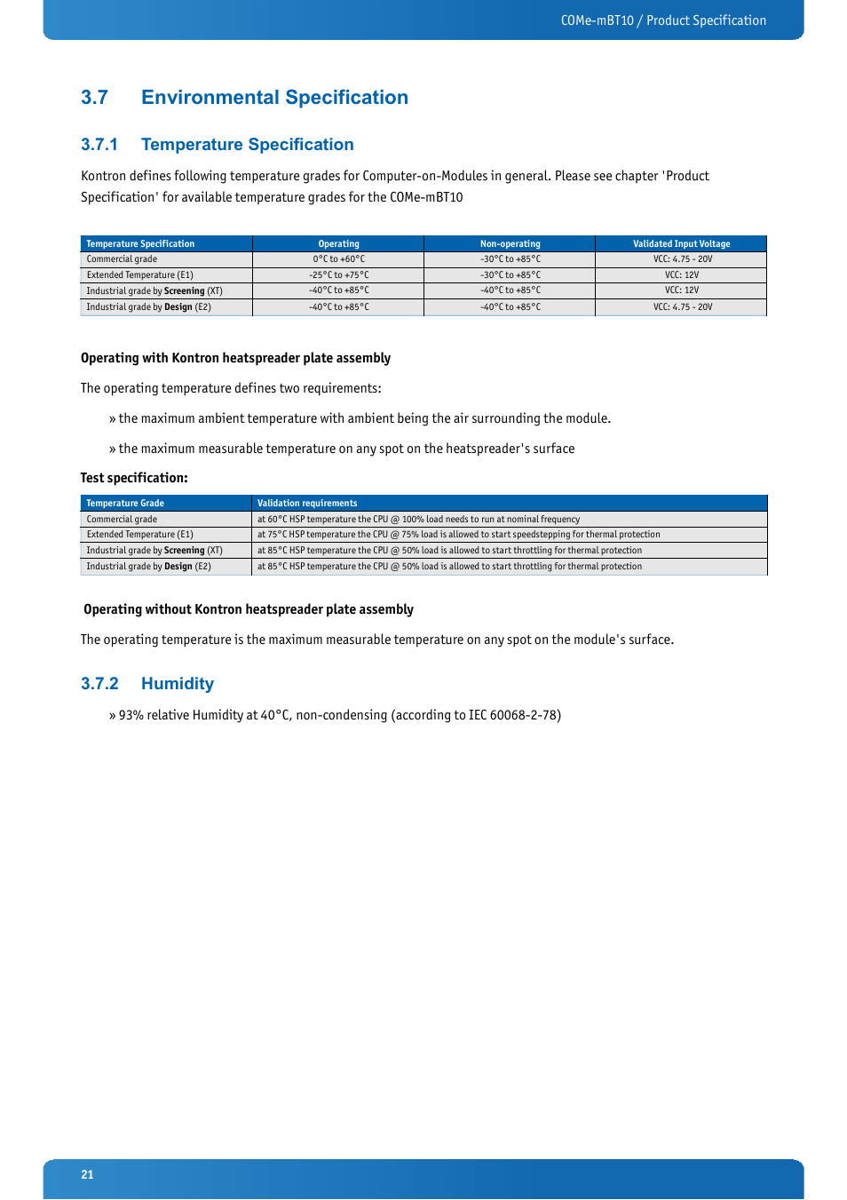 7 environmental specification, 1 temperature specification, 2 humidity | Environmental specification, Temperature specification, Humidity | Kontron COMe-mBT10 User Manual | Page 21 / 87