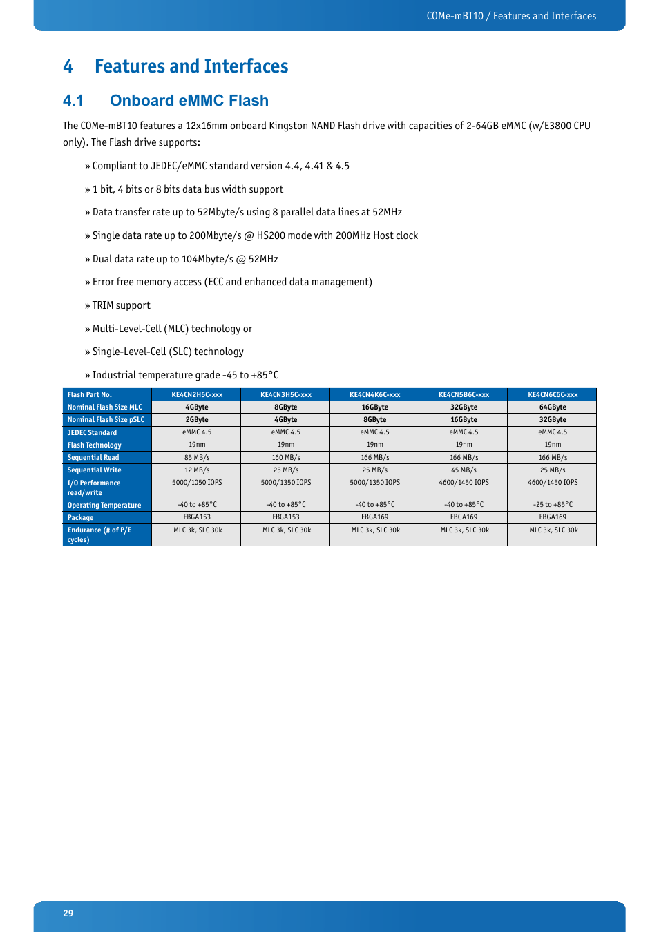 4 features and interfaces, 1 onboard emmc flash, Features and interfaces | Onboard emmc flash, Come-mbt10 / features and interfaces | Kontron COMe-mBT10 User Manual | Page 29 / 87