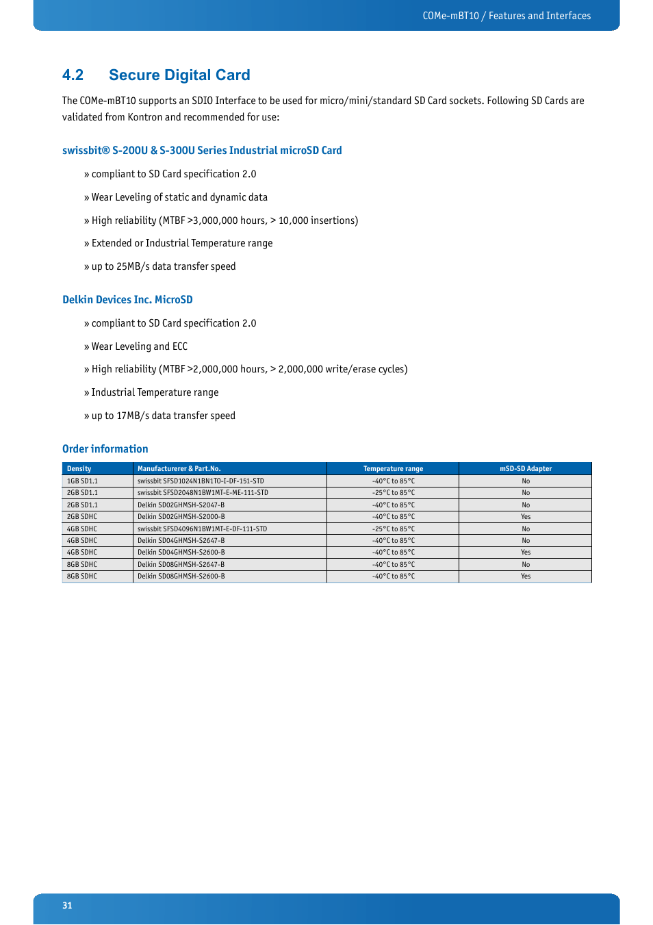 2 secure digital card, Delkin devices inc. microsd, Order information | Secure digital card | Kontron COMe-mBT10 User Manual | Page 31 / 87
