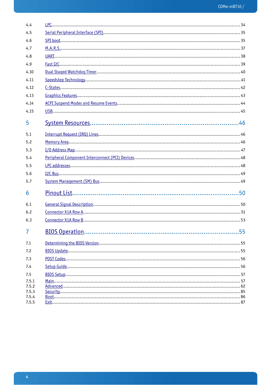 5system resources, 6pinout list, 7bios operation | Kontron COMe-mBT10 User Manual | Page 4 / 87