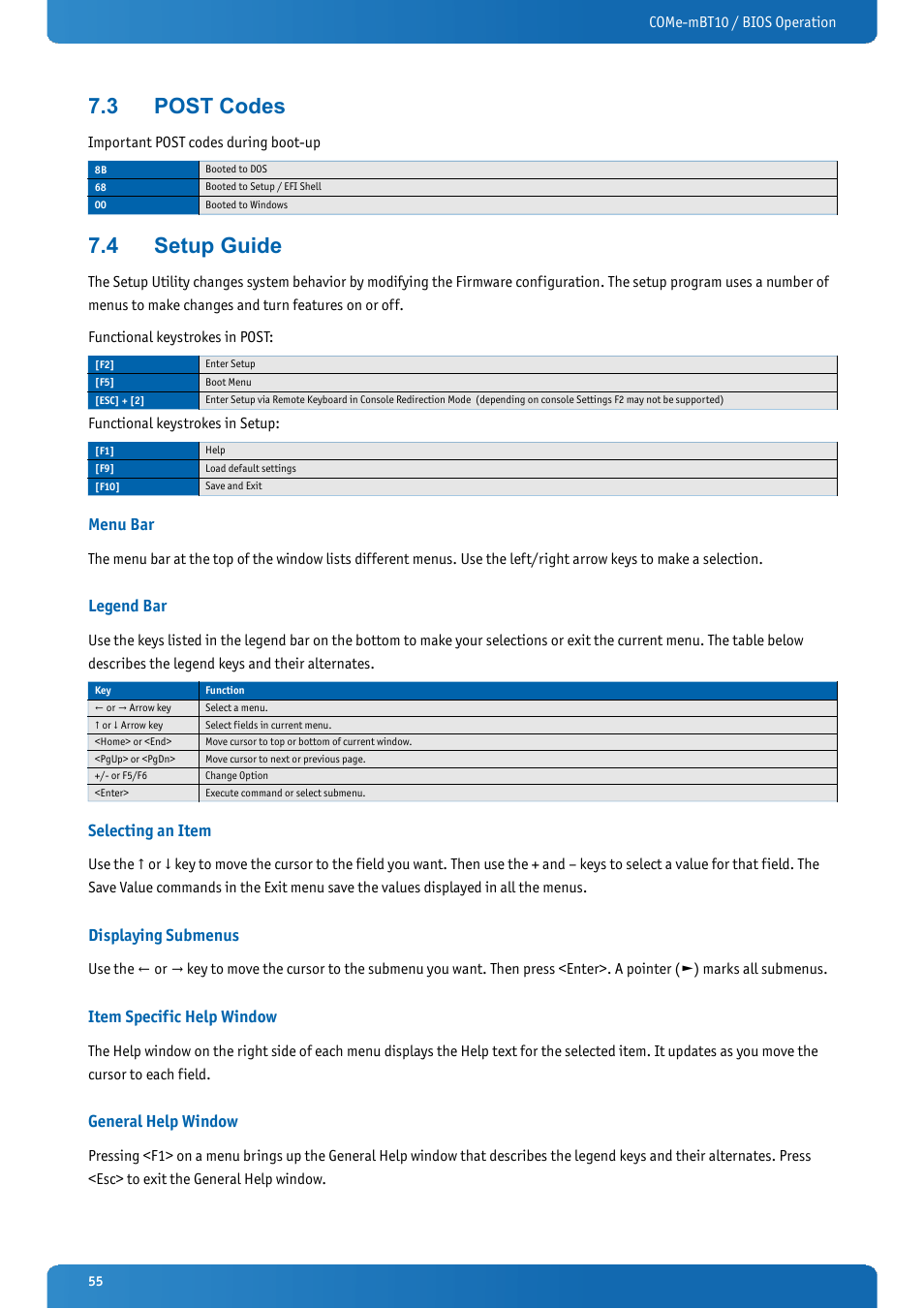 3 post codes, 4 setup guide, Menu bar | Legend bar, Selecting an item, Displaying submenus, Item specific help window, General help window, Post codes, Setup guide | Kontron COMe-mBT10 User Manual | Page 55 / 87