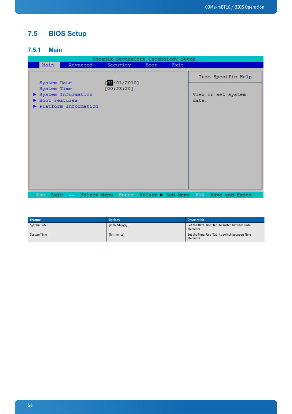 5 bios setup, 1 main, Bios setup | Main | Kontron COMe-mBT10 User Manual | Page 56 / 87