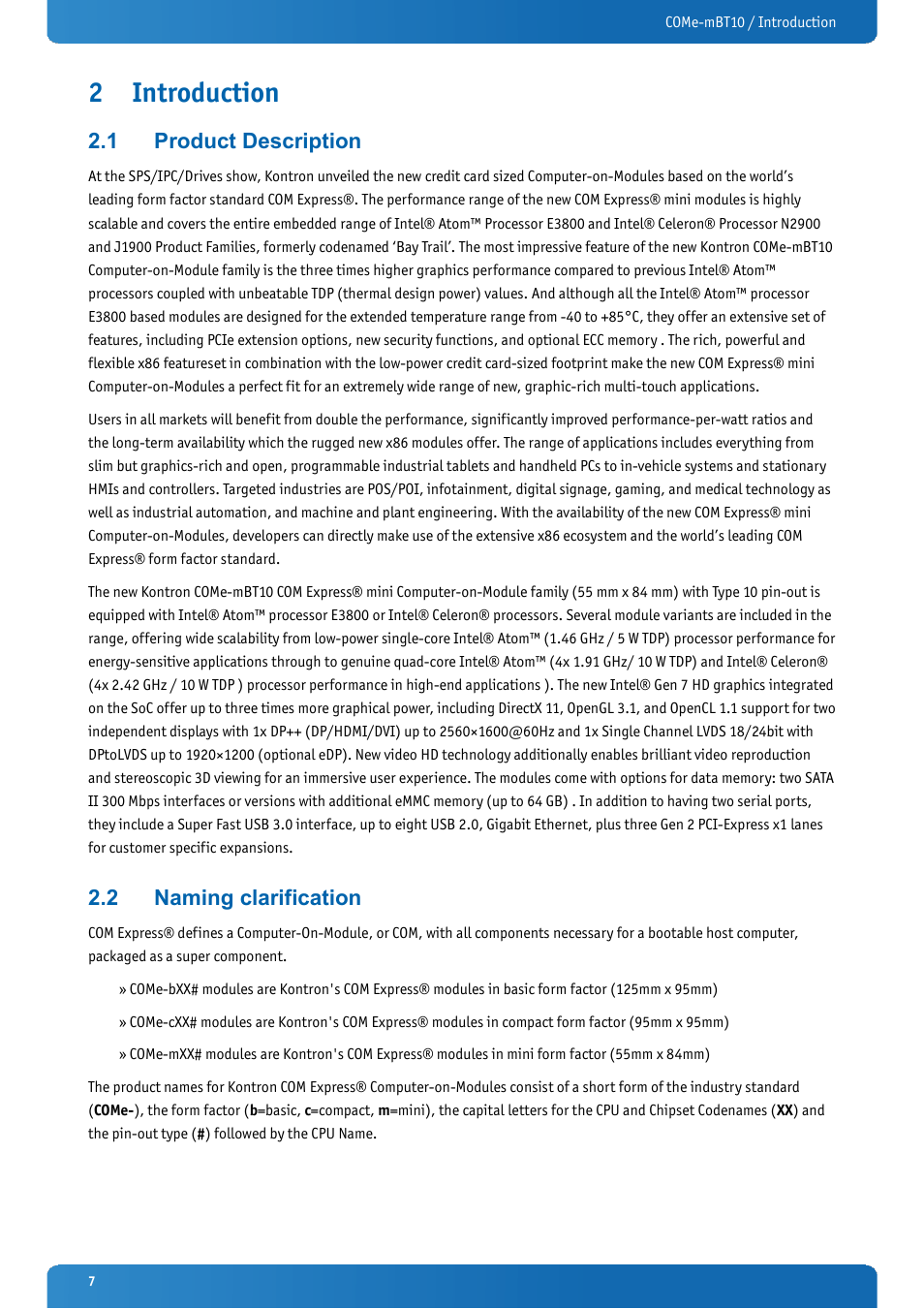 2 introduction, 1 product description, 2 naming clarification | Introduction, Product description, Naming clarification | Kontron COMe-mBT10 User Manual | Page 7 / 87