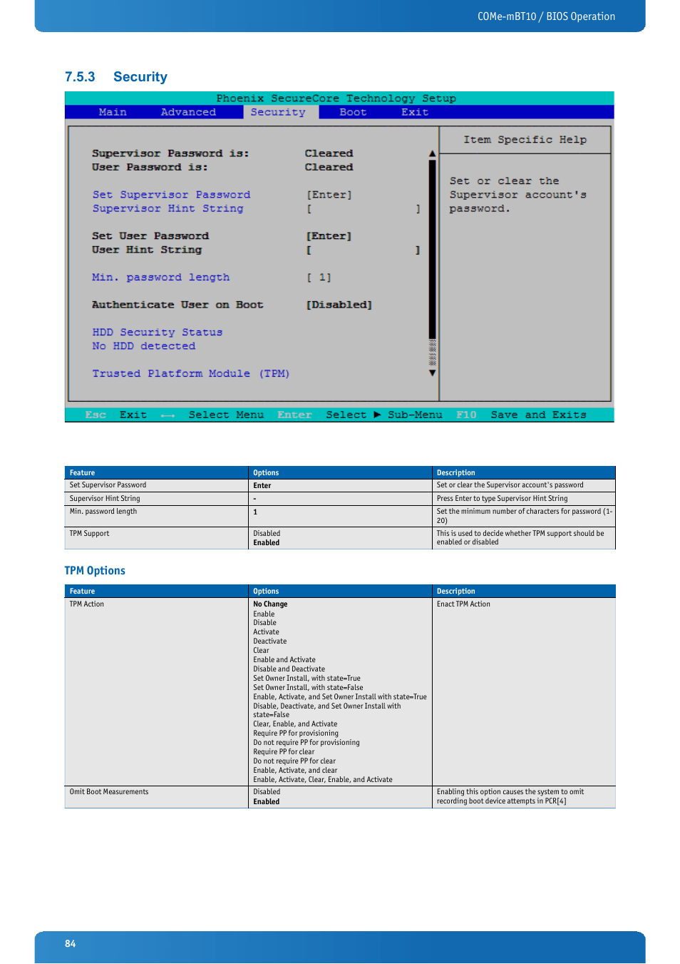 3 security, Tpm options, Security | Come-mbt10 / bios operation | Kontron COMe-mBT10 User Manual | Page 84 / 87
