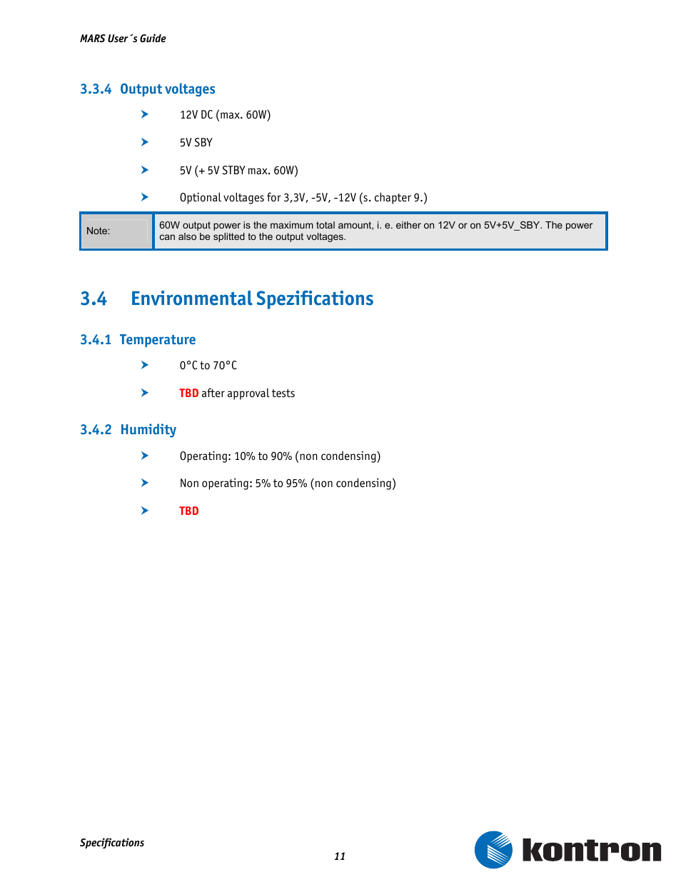 4 output voltages, 4 environmental spezifications, 1 temperature | 2 humidity | Kontron MARS Smart Battery Kit User Manual | Page 12 / 35