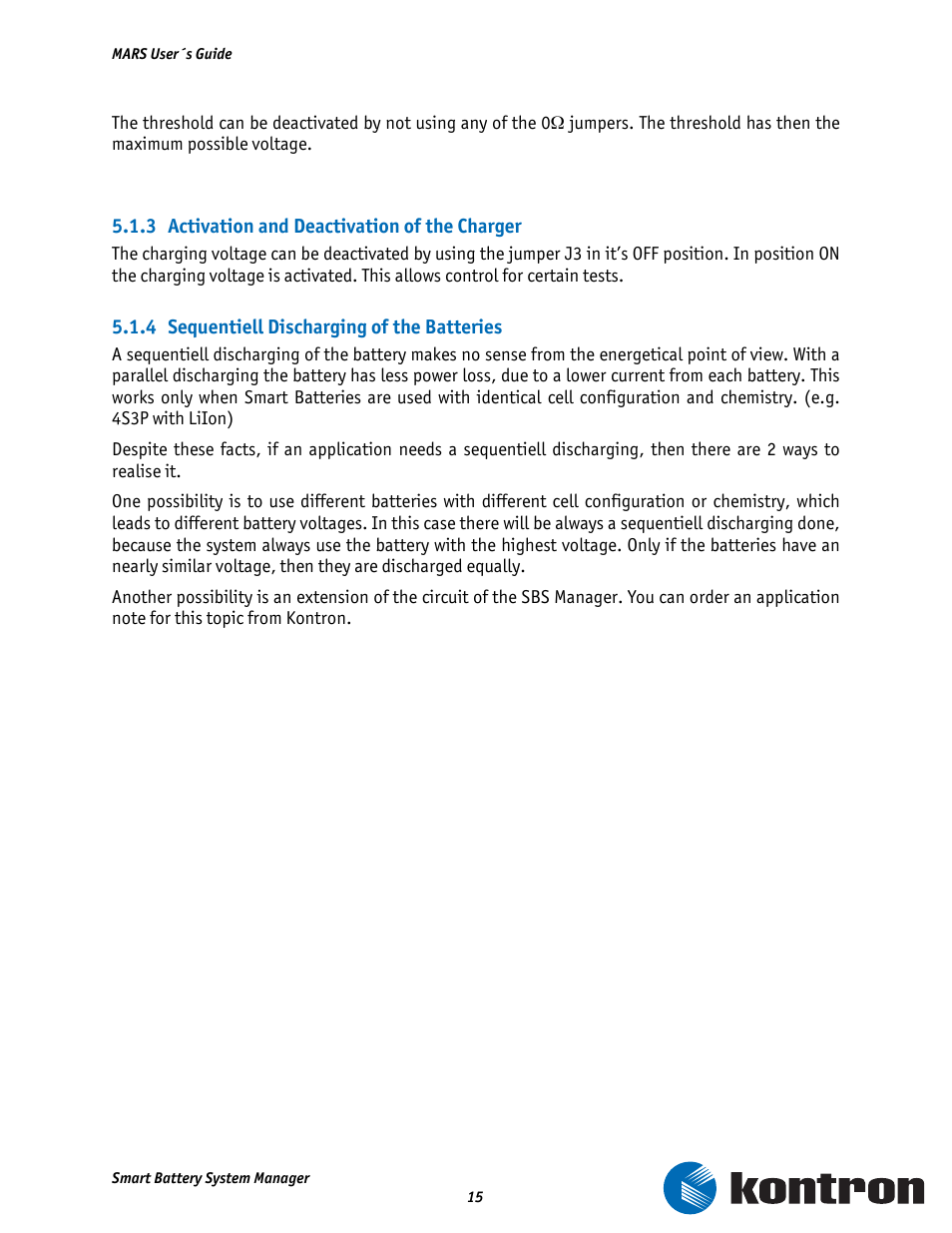 3 activation and deactivation of the charger, 4 sequentiell discharging of the batteries | Kontron MARS Smart Battery Kit User Manual | Page 16 / 35