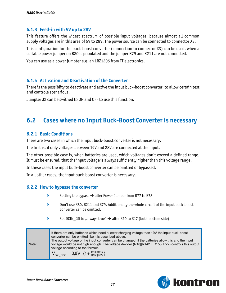 3 feed-in with 5v up to 28v, 4 activation and deactivation of the converter, 1 basic conditions | 2 how to bypasse the converter | Kontron MARS Smart Battery Kit User Manual | Page 18 / 35