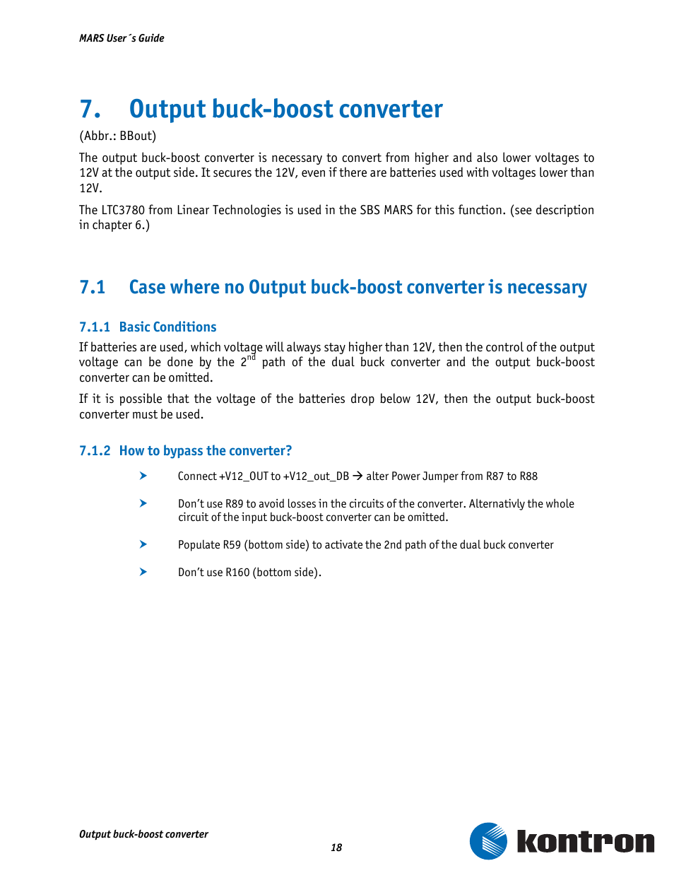 Output buck-boost converter, 1 basic conditions, 2 how to bypass the converter | Kontron MARS Smart Battery Kit User Manual | Page 19 / 35
