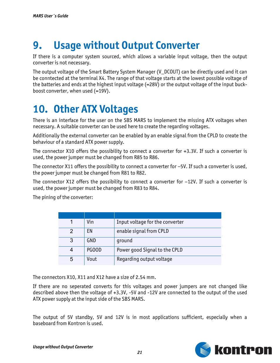 Usage without output converter, Other atx voltages | Kontron MARS Smart Battery Kit User Manual | Page 22 / 35