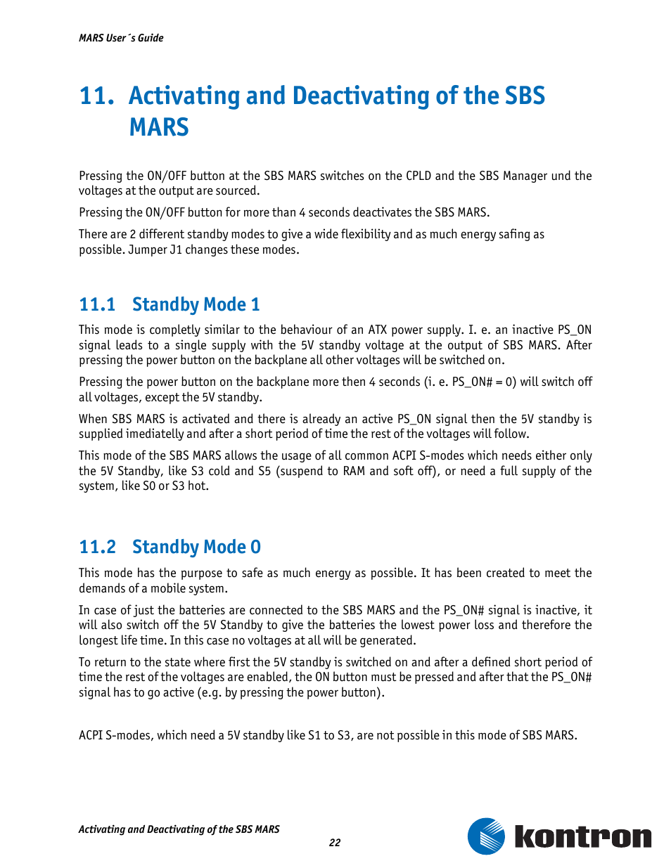 Activating and deactivating of the sbs mars, 1 standby mode 1, 2 standby mode 0 | Kontron MARS Smart Battery Kit User Manual | Page 23 / 35