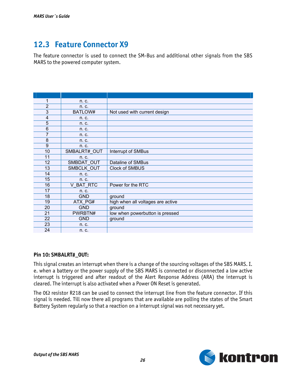 3 feature connector x9, Pinout feature connector | Kontron MARS Smart Battery Kit User Manual | Page 27 / 35