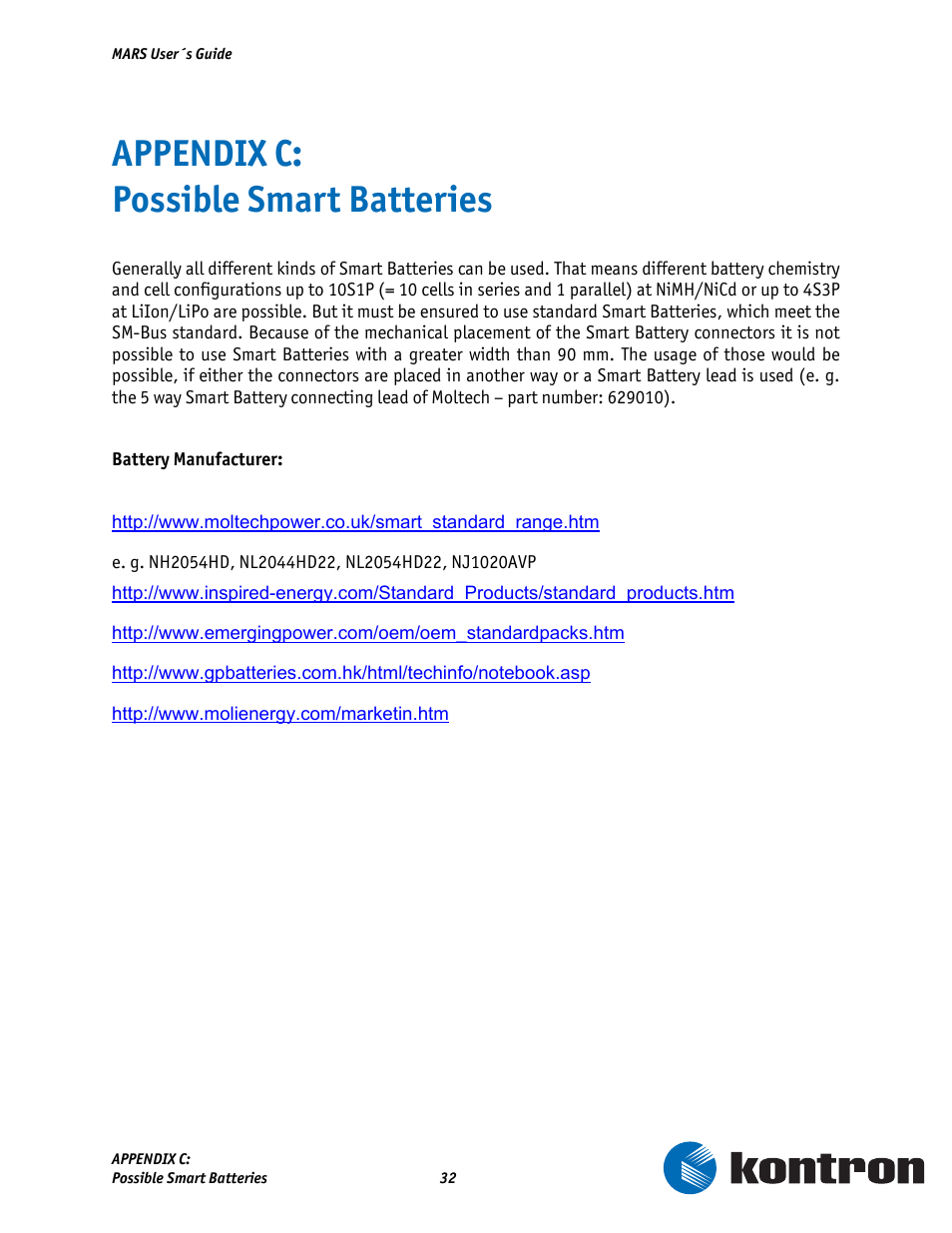Appendix c: possible smart batteries | Kontron MARS Smart Battery Kit User Manual | Page 33 / 35