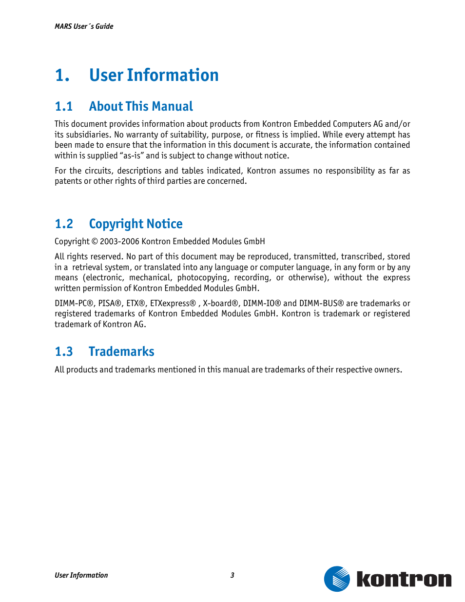 User information, 1 about this manual, 2 copyright notice | 3 trademarks | Kontron MARS Smart Battery Kit User Manual | Page 4 / 35