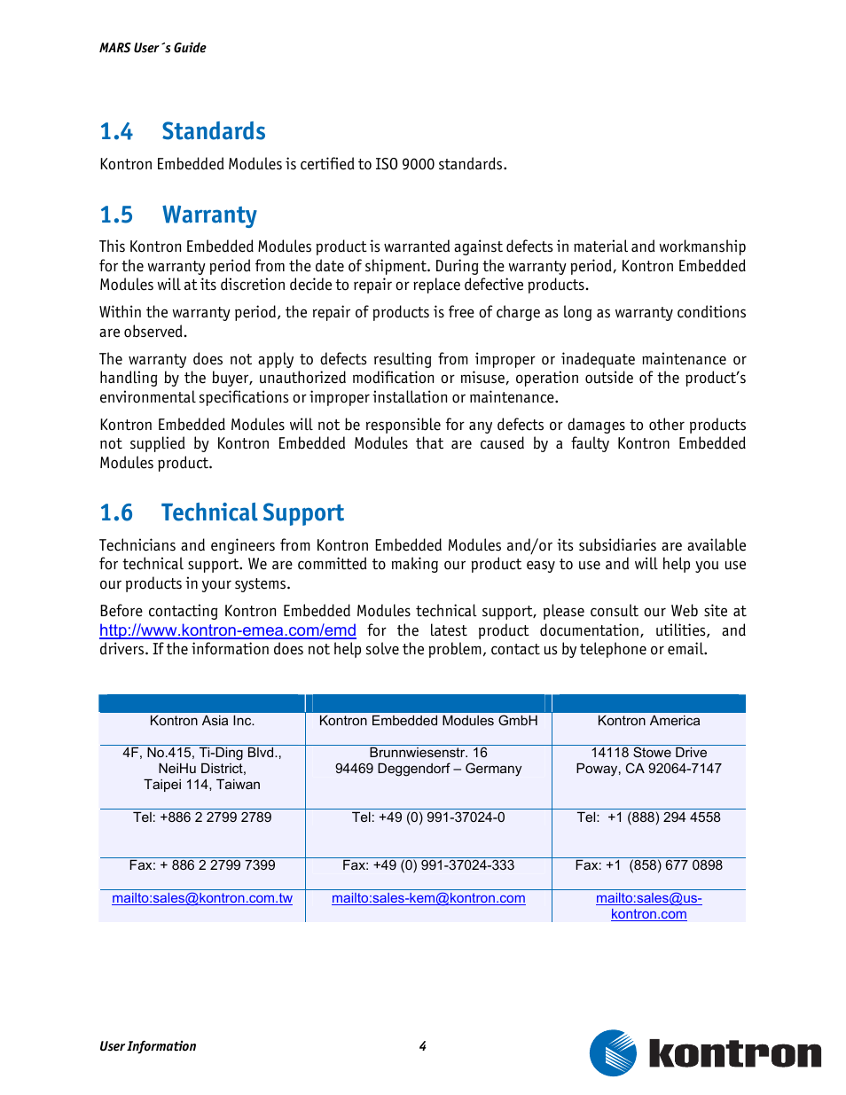 4 standards, 5 warranty, 6 technical support | Kontron MARS Smart Battery Kit User Manual | Page 5 / 35