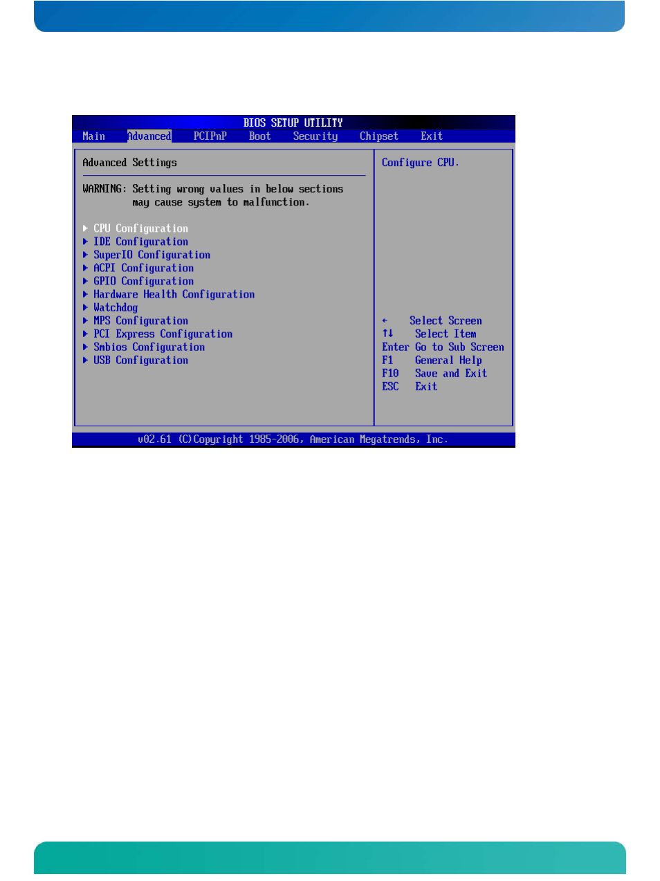2 advanced settings menu, Advanced settings menu | Kontron COMe-cXLi2 User Manual | Page 70 / 106