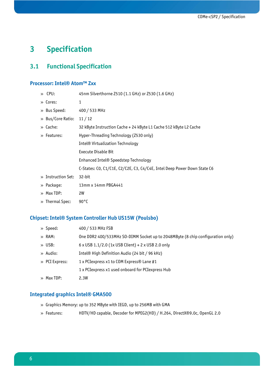 Specification, Functional specification, 3specification | 1 functional specification | Kontron COMe-cSP2 User Manual | Page 11 / 109