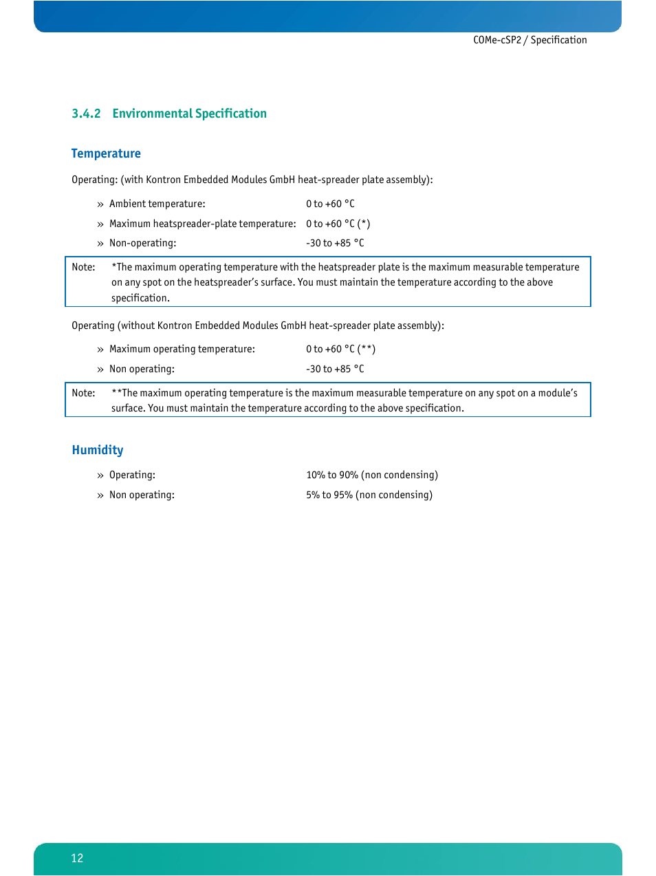 Environmental specification, 2 environmental specification temperature, Humidity | Kontron COMe-cSP2 User Manual | Page 17 / 109