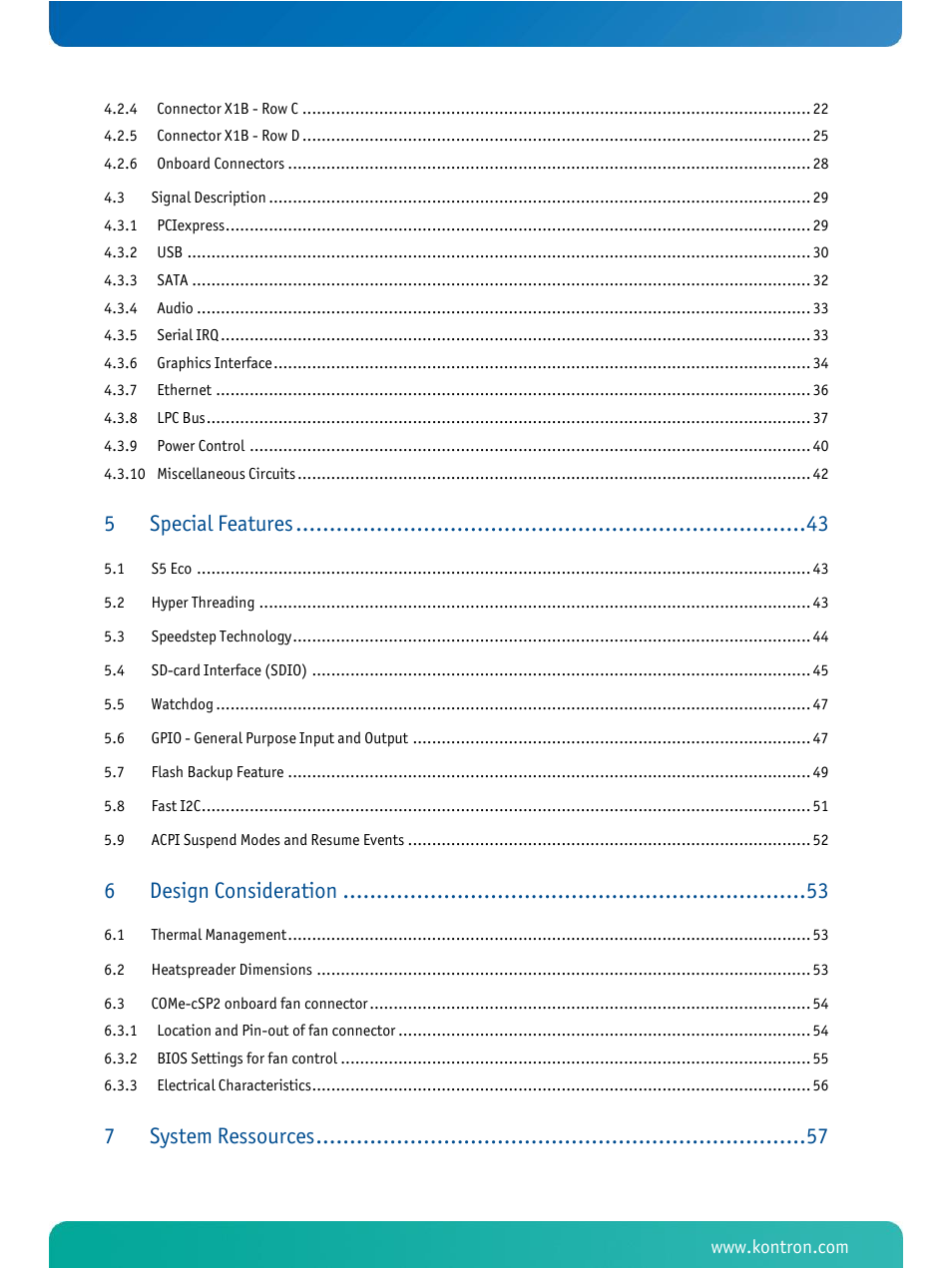 Special features, Design consideration, System ressources | Kontron COMe-cSP2 User Manual | Page 4 / 109