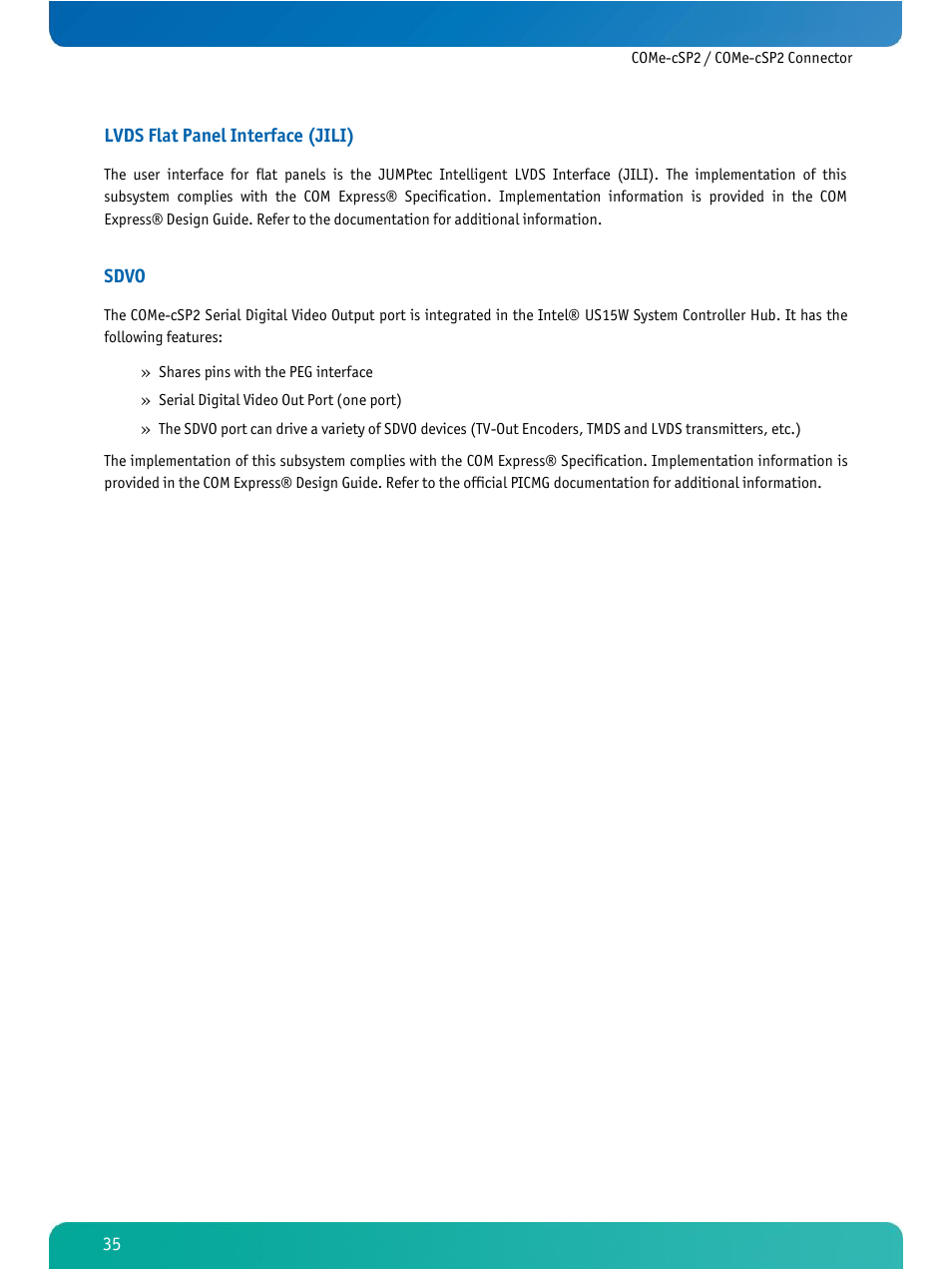 Lvds flat panel interface (jili), Sdvo | Kontron COMe-cSP2 User Manual | Page 40 / 109