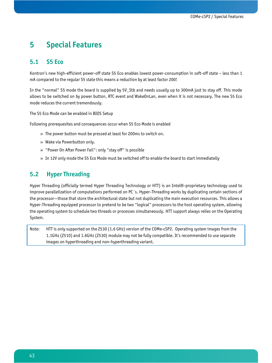 Special features, S5 eco, Hyper threading | 5special features, 1 s5 eco, 2 hyper threading | Kontron COMe-cSP2 User Manual | Page 48 / 109