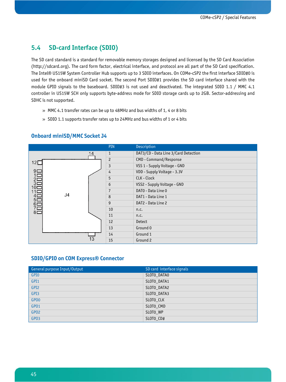 Sd-card interface (sdio), 4 sd-card interface (sdio), Onboard minisd/mmc socket j4 | Sdio/gpio on com express® connector | Kontron COMe-cSP2 User Manual | Page 50 / 109