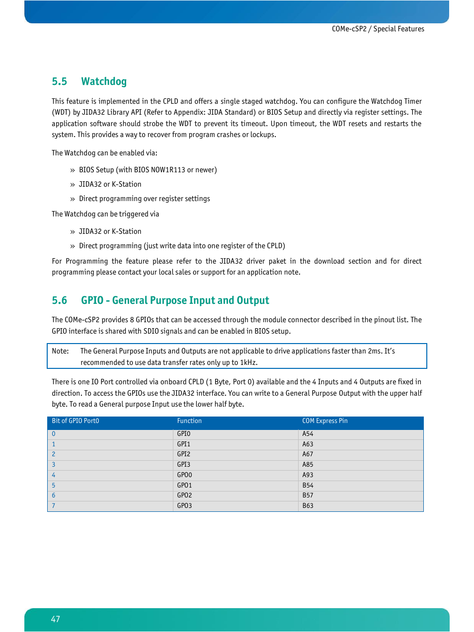 Watchdog, Gpio - general purpose input and output, 5 watchdog | 6 gpio - general purpose input and output | Kontron COMe-cSP2 User Manual | Page 52 / 109