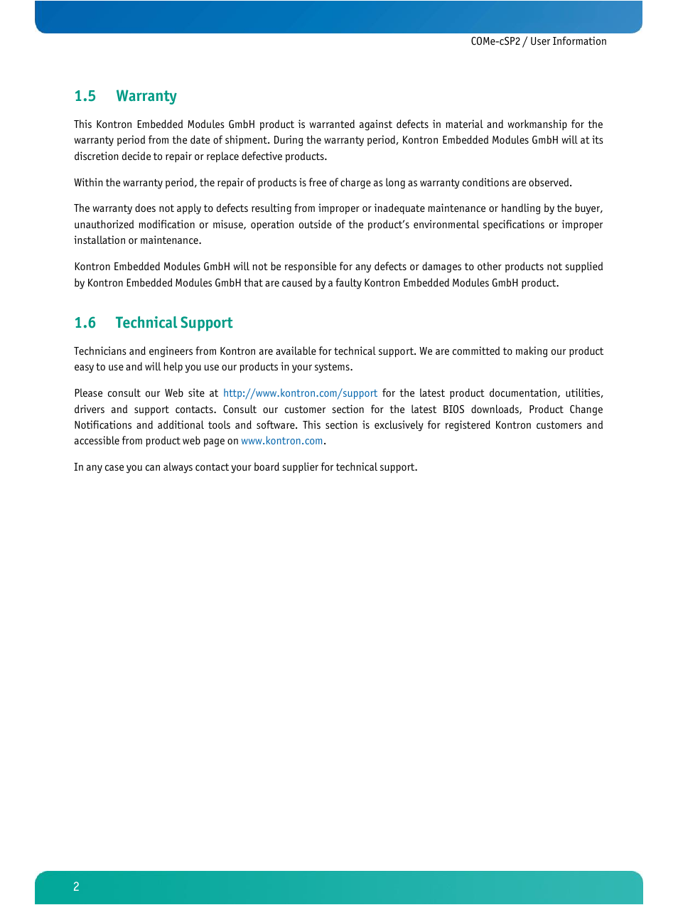 Warranty, Technical support, 5 warranty | 6 technical support | Kontron COMe-cSP2 User Manual | Page 7 / 109