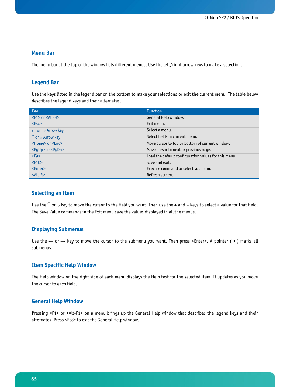 Menu bar, Legend bar, Selecting an item | Displaying submenus, Item specific help window, General help window | Kontron COMe-cSP2 User Manual | Page 70 / 109