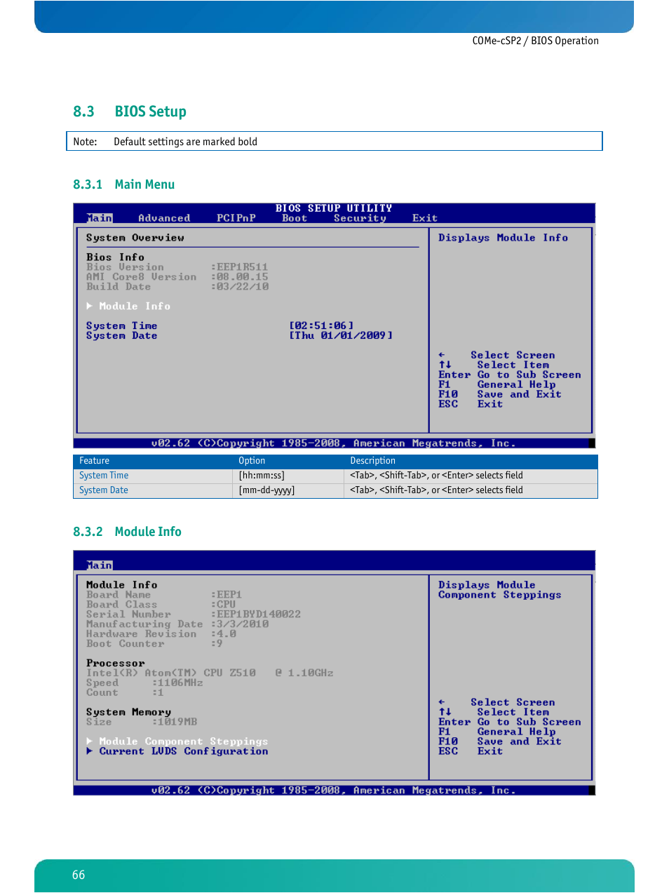 Bios setup, Main menu, Module info | 3 bios setup, 1 main menu, 2 module info | Kontron COMe-cSP2 User Manual | Page 71 / 109