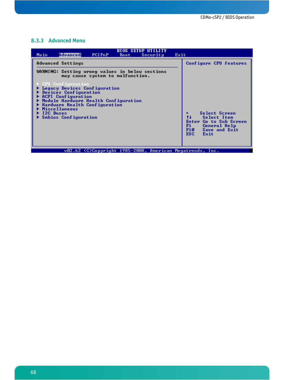 Advanced menu, 3 advanced menu | Kontron COMe-cSP2 User Manual | Page 73 / 109