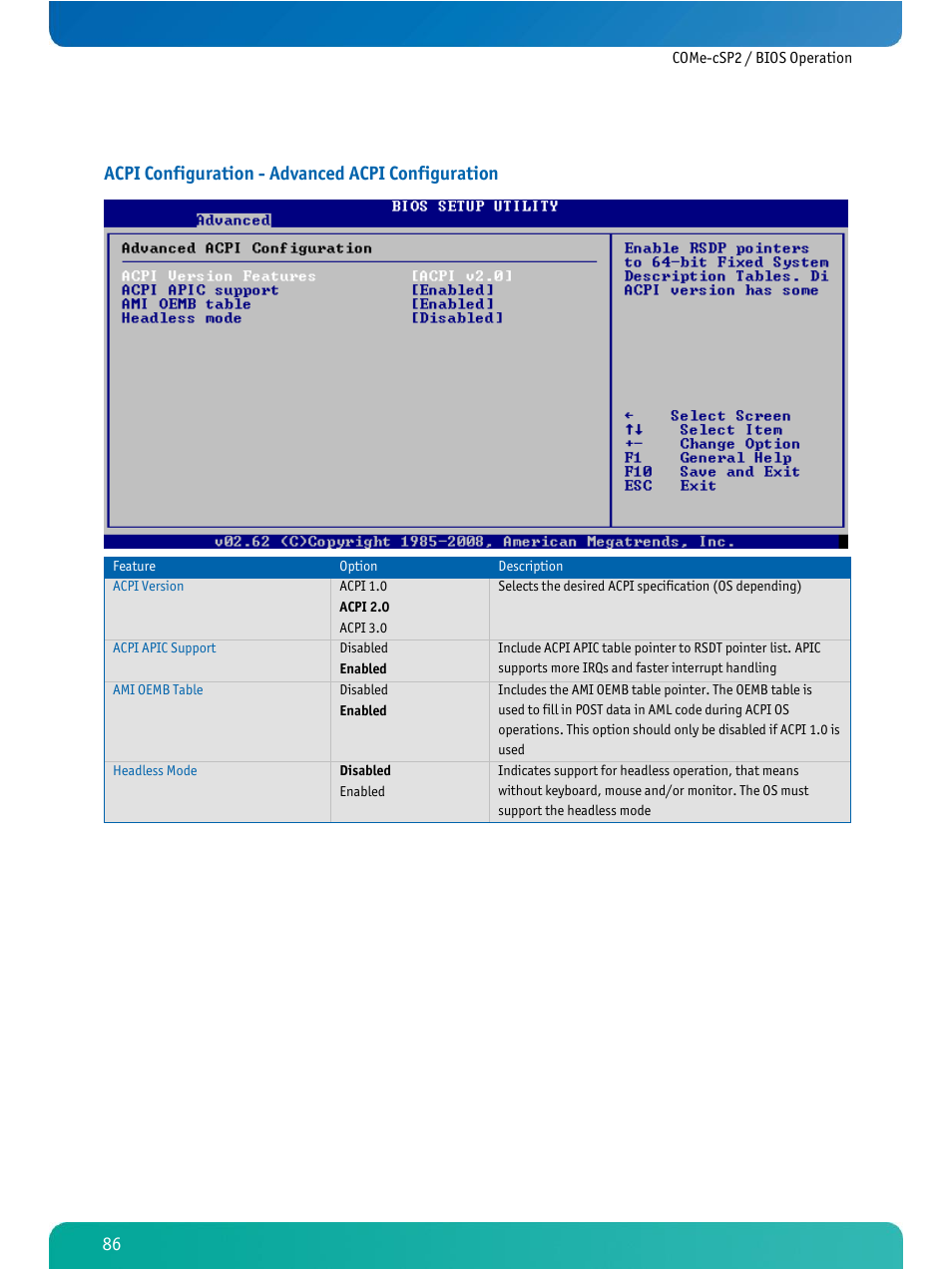 Acpi configuration - advanced acpi configuration | Kontron COMe-cSP2 User Manual | Page 91 / 109