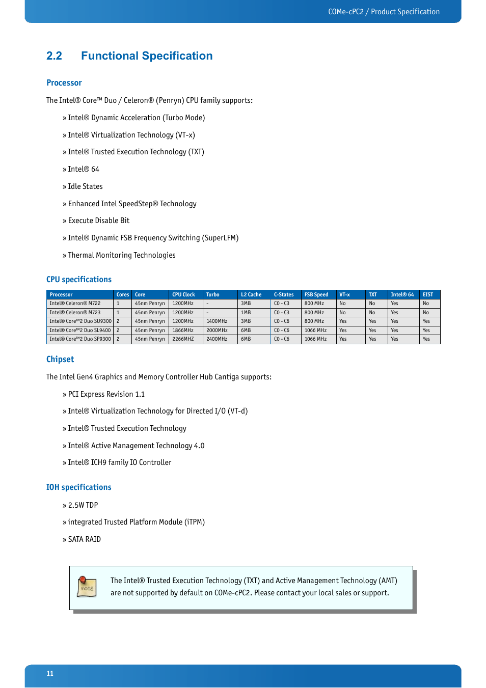 2 functional specification, Processor, Cpu specifications | Chipset, Ioh specifications, Functional specification | Kontron COMe-cPC2 User Manual | Page 11 / 107