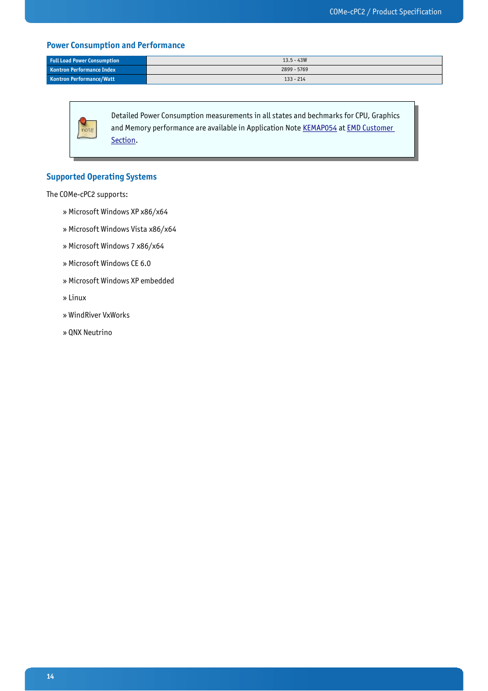 Power consumption and performance, Supported operating systems | Kontron COMe-cPC2 User Manual | Page 14 / 107