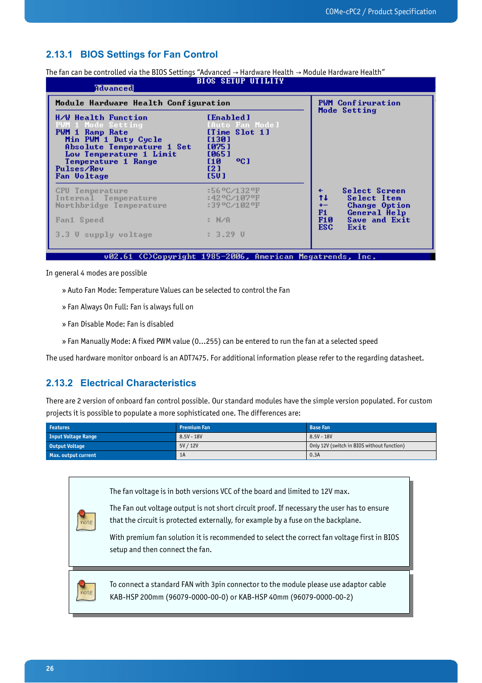 1 bios settings for fan control, 2 electrical characteristics, Bios settings for fan control | Electrical characteristics | Kontron COMe-cPC2 User Manual | Page 26 / 107