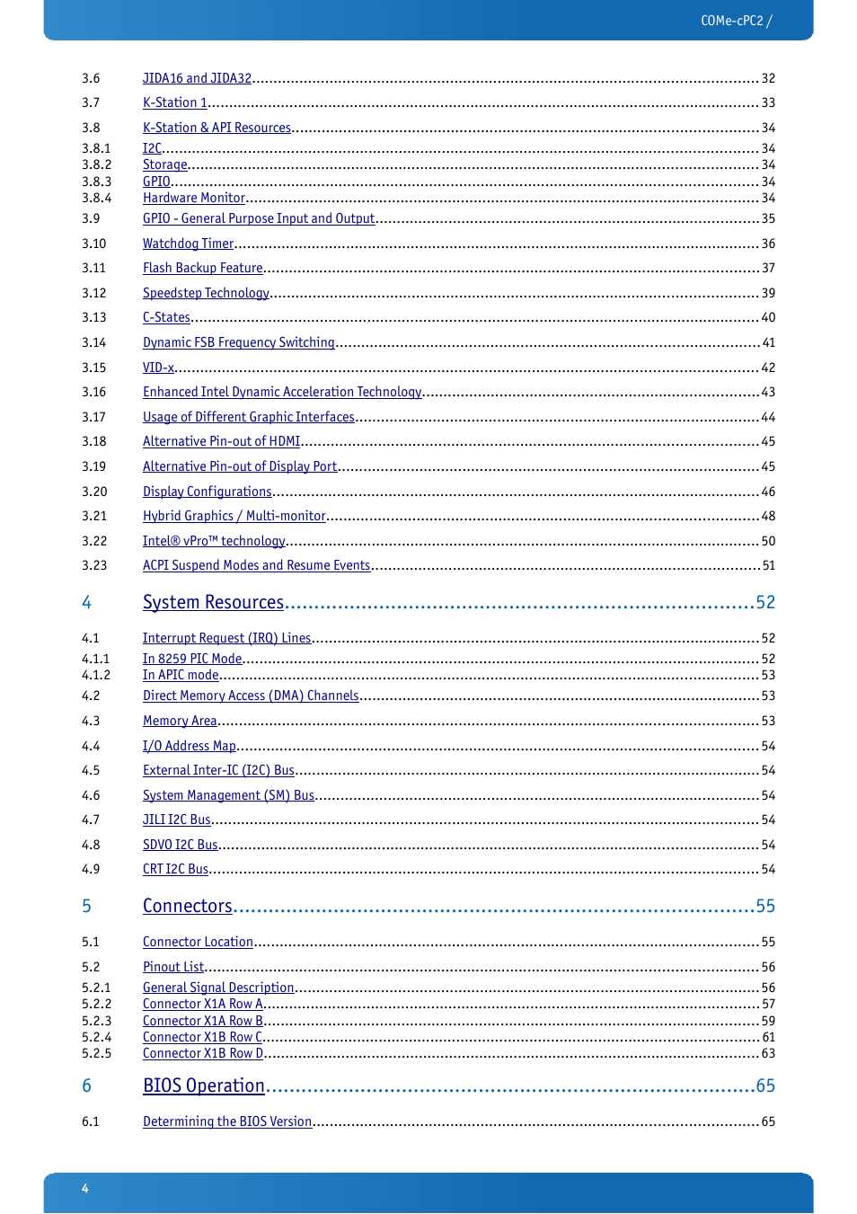 4system resources, 5connectors, 6bios operation | Kontron COMe-cPC2 User Manual | Page 4 / 107