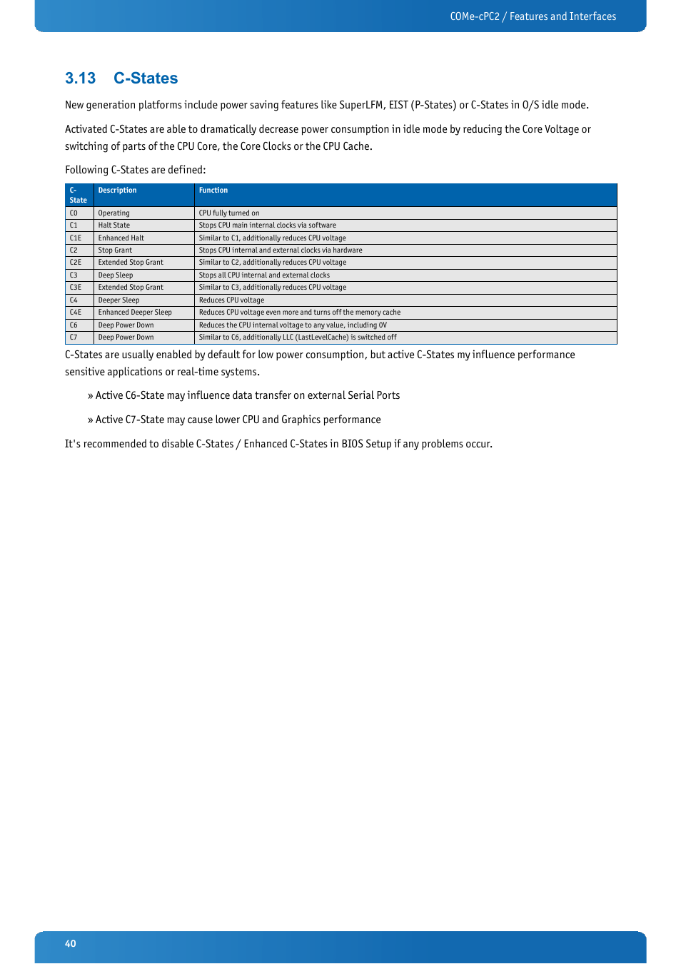 13 c-states, C-states, Come-cpc2 / features and interfaces | Kontron COMe-cPC2 User Manual | Page 40 / 107