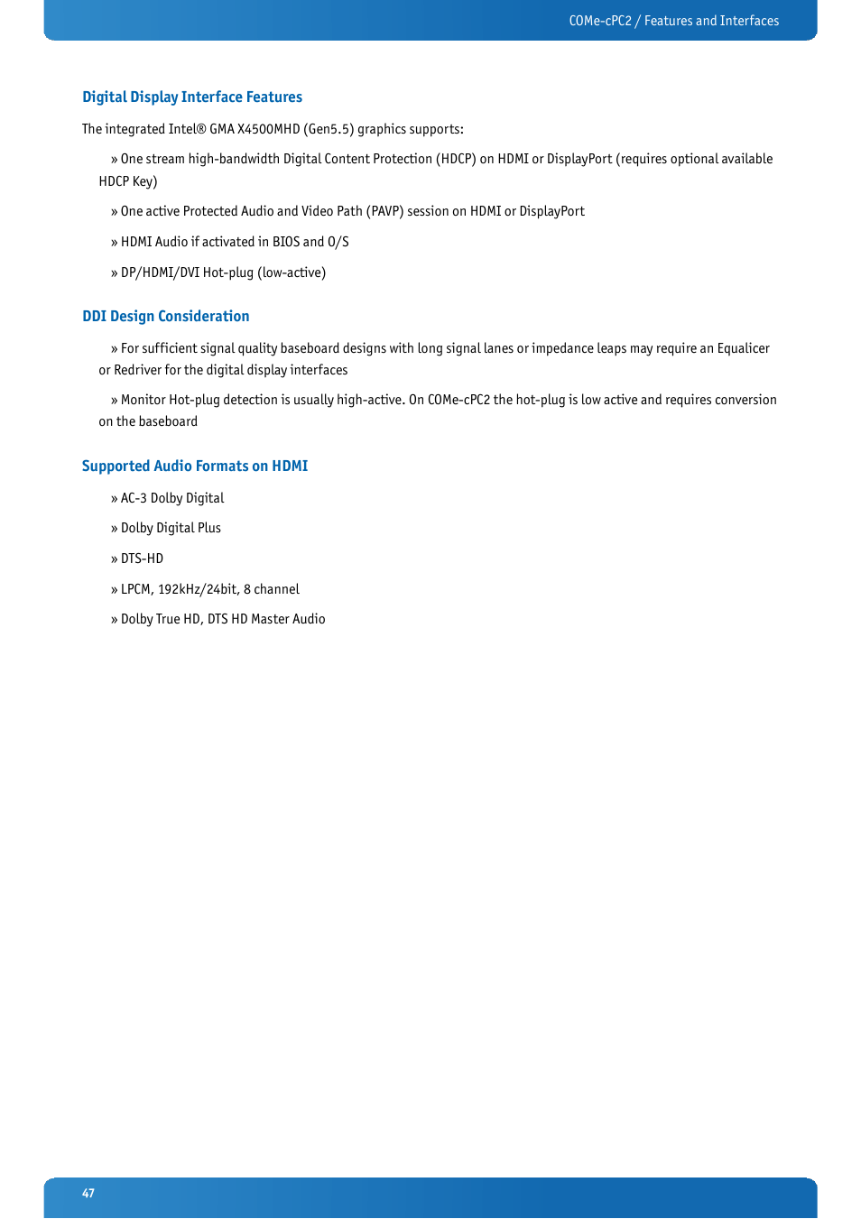 Digital display interface features, Ddi design consideration, Supported audio formats on hdmi | Kontron COMe-cPC2 User Manual | Page 47 / 107