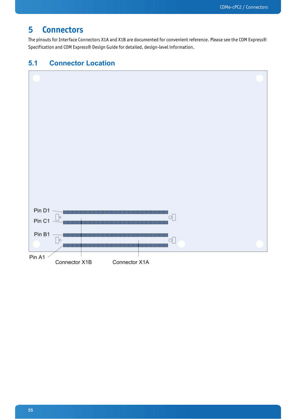 5 connectors, 1 connector location, Connectors | Connector location | Kontron COMe-cPC2 User Manual | Page 55 / 107