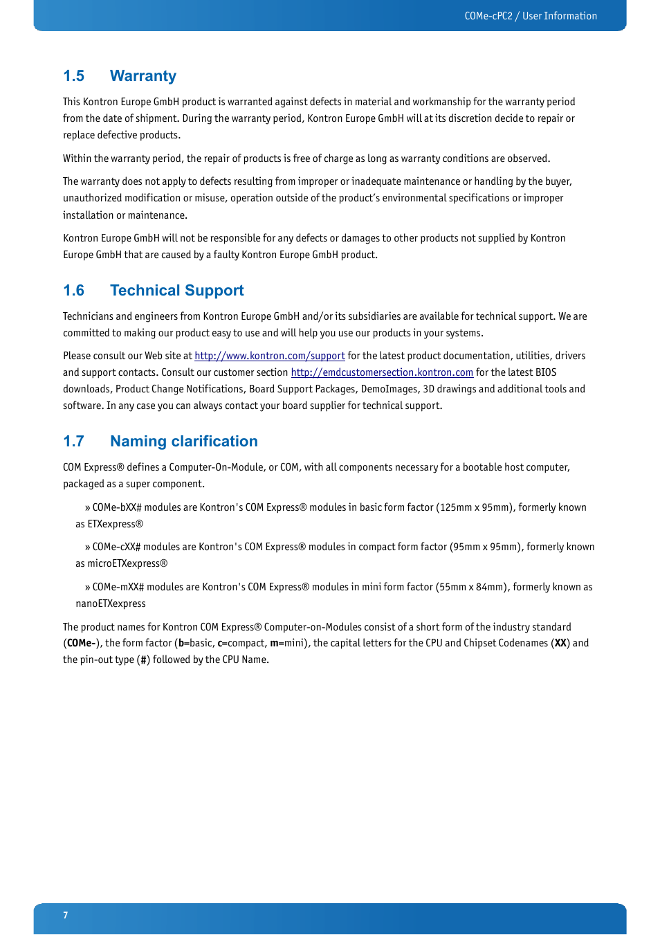 5 warranty, 6 technical support, 7 naming clarification | Warranty, Technical support, Naming clarification | Kontron COMe-cPC2 User Manual | Page 7 / 107