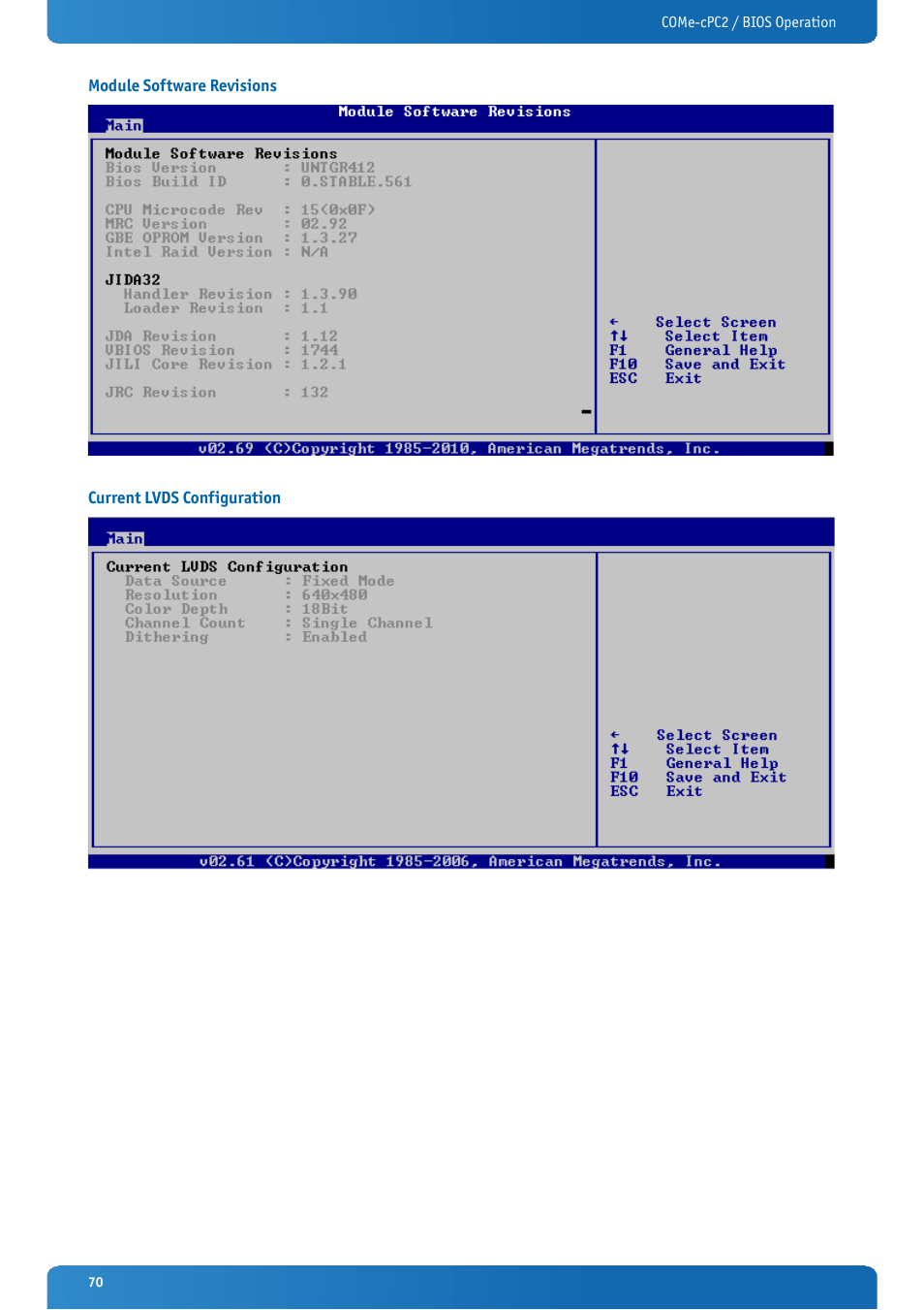 Module software revisions, Current lvds configuration | Kontron COMe-cPC2 User Manual | Page 70 / 107