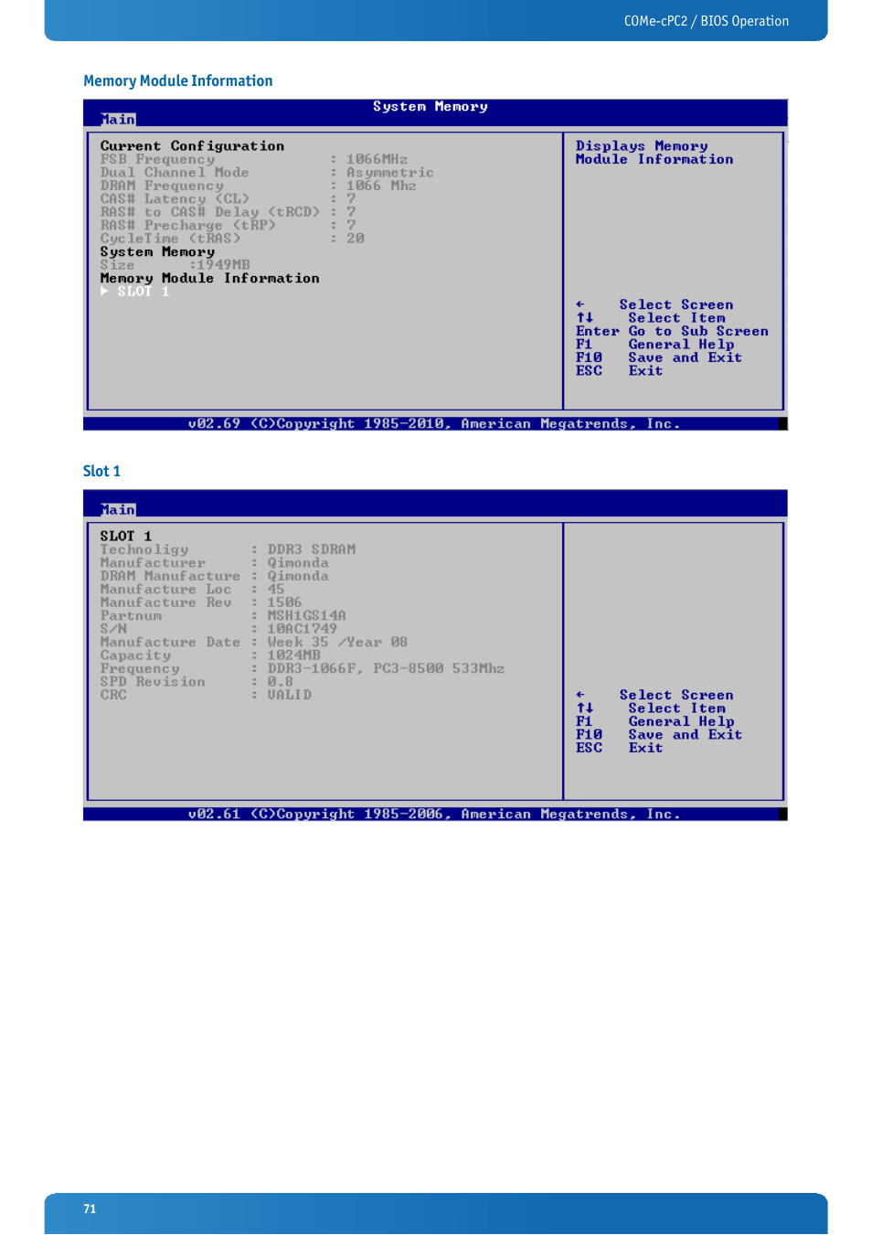 Memory module information, Slot 1 | Kontron COMe-cPC2 User Manual | Page 71 / 107