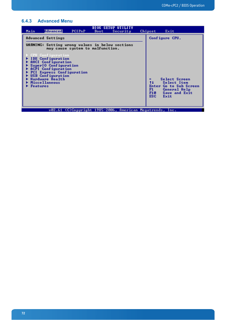 3 advanced menu, Advanced menu | Kontron COMe-cPC2 User Manual | Page 72 / 107