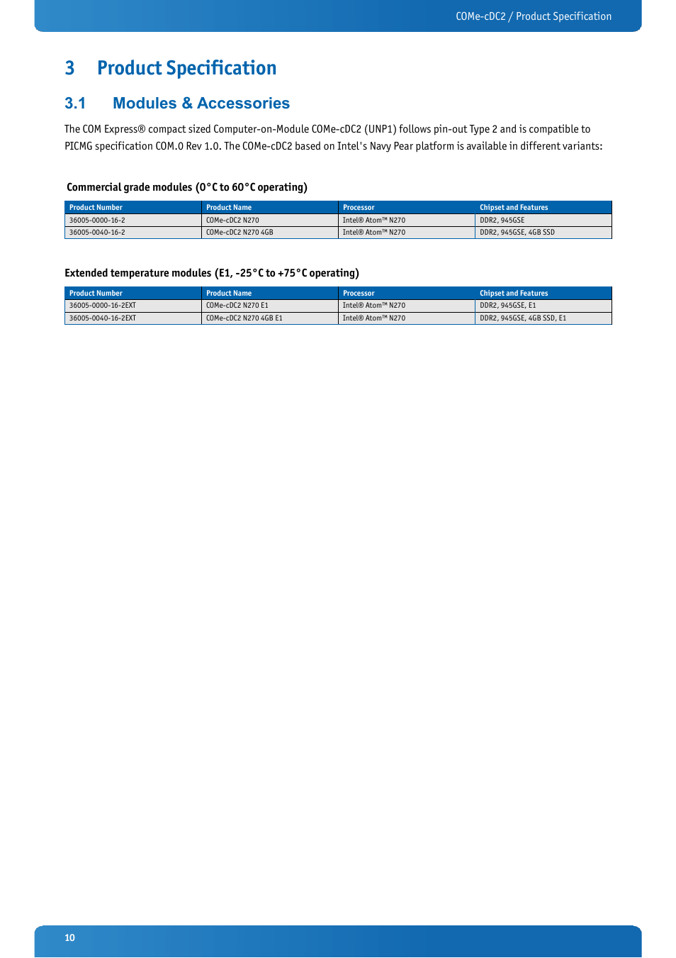 3 product specification, 1 modules & accessories, Product specification | Modules & accessories | Kontron COMe-cDC2 User Manual | Page 10 / 97